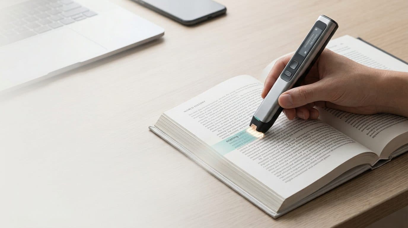 A reading pen scanning printed study notes directly into a computer