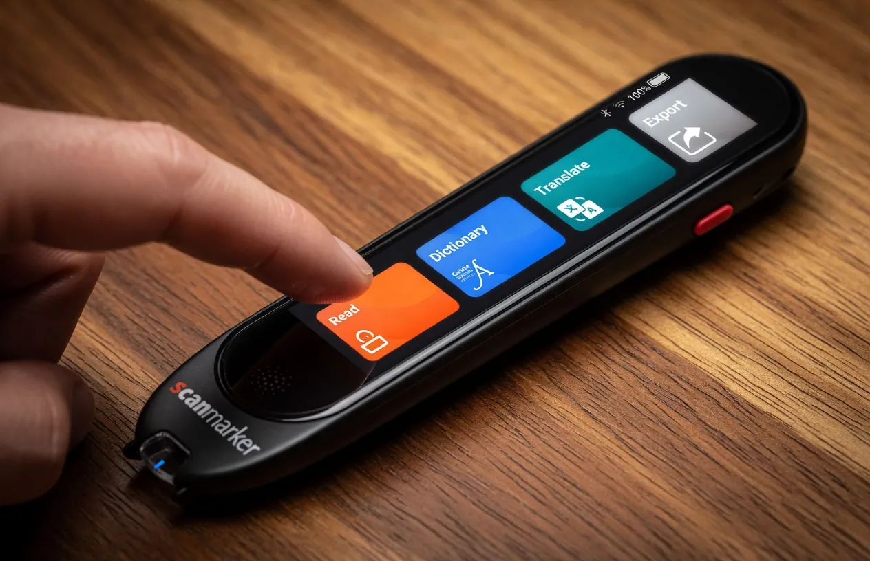 A hand holding a standalone scanner pen over a printed page