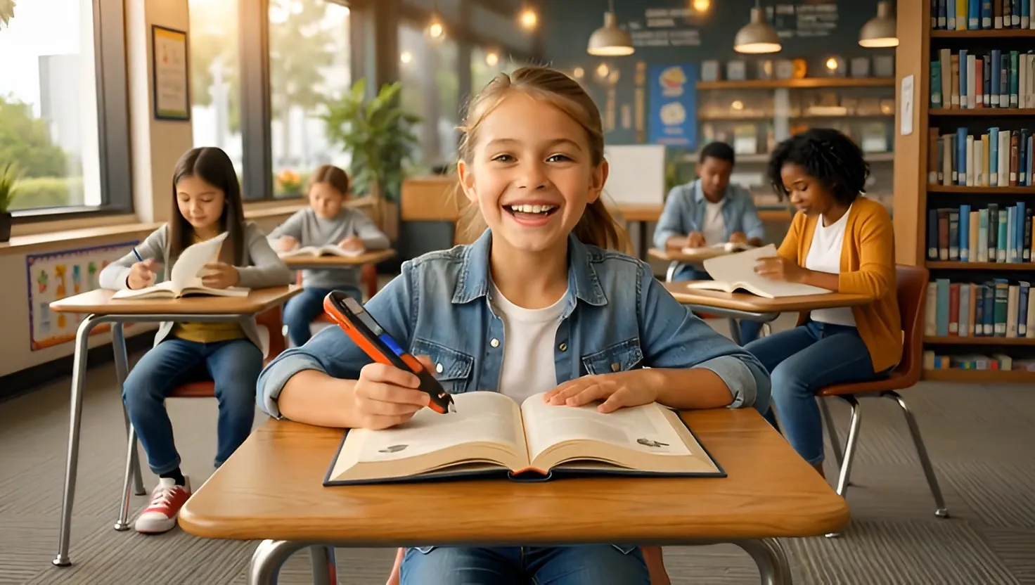 A student using a pen scanner to read a printed textbook