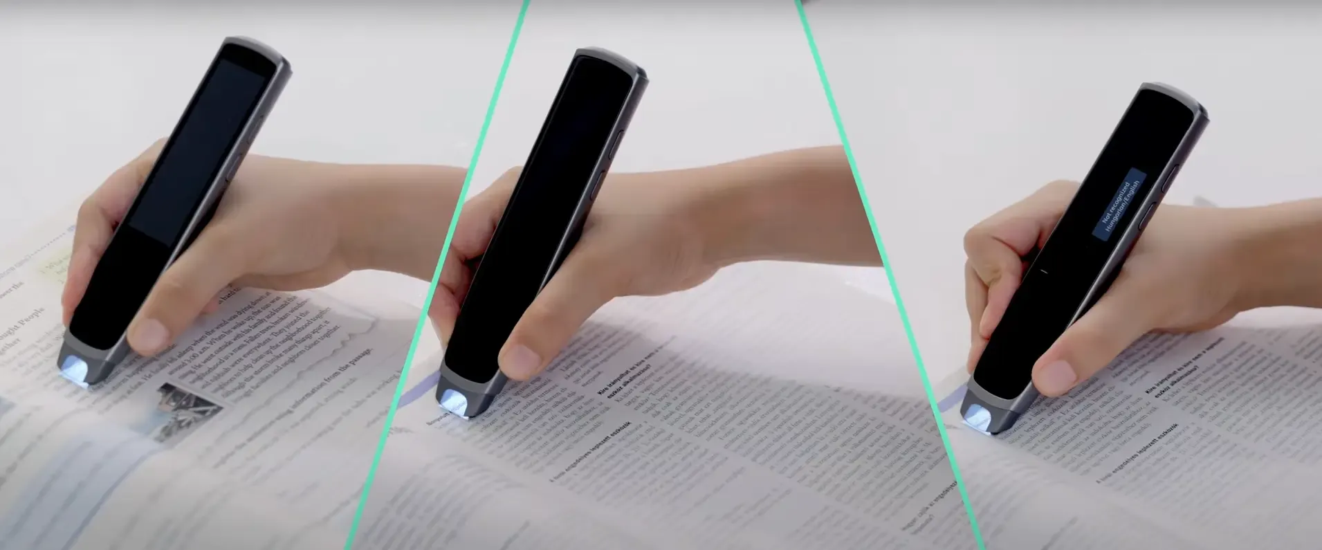 A reading pen scanning along lines of printed text in a classroom setting